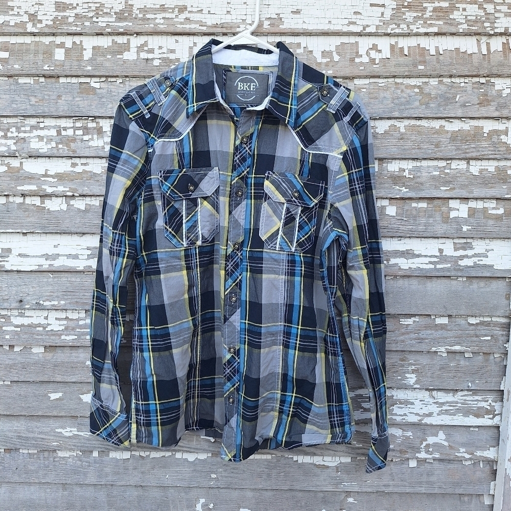 🌟 BKE Blue and Yellow Plaid Athletic Fit Shirt Size Large